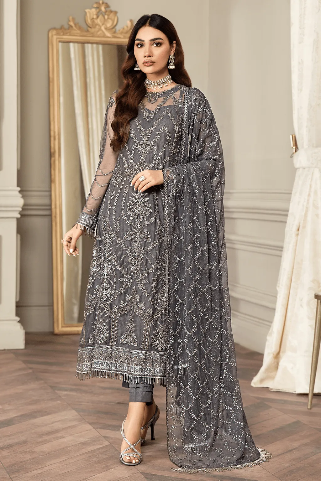 Grey Long Embroidered Kameez in Capri Style Party Wear