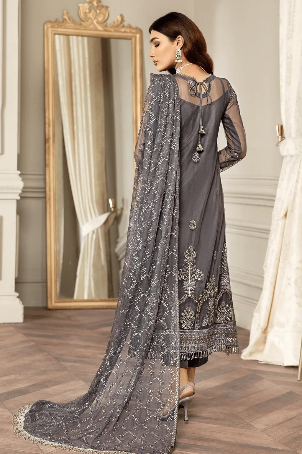 Grey Long Embroidered Kameez in Capri Style Party Wear