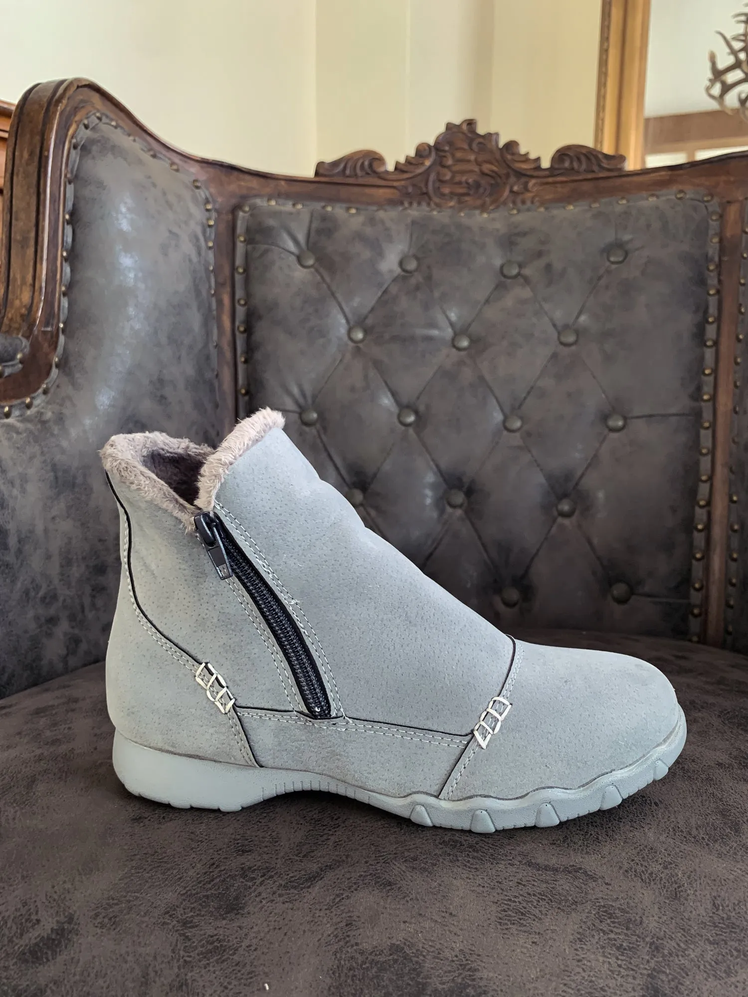 Grey Plush-Lined Low Ankle Boot