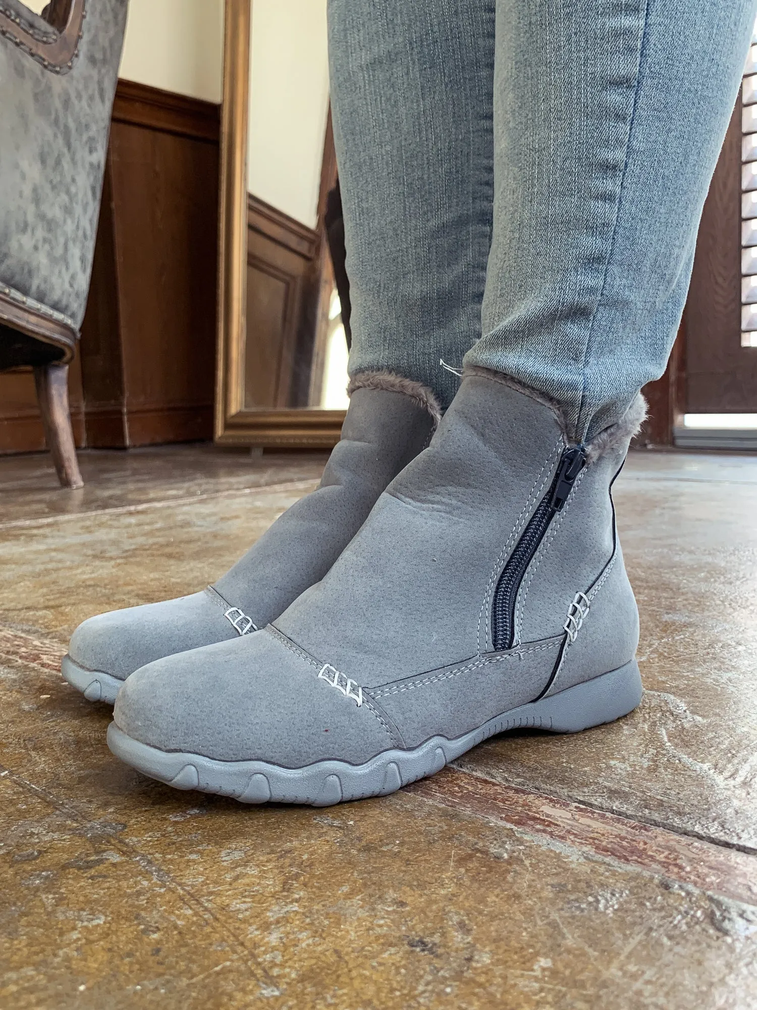 Grey Plush-Lined Low Ankle Boot