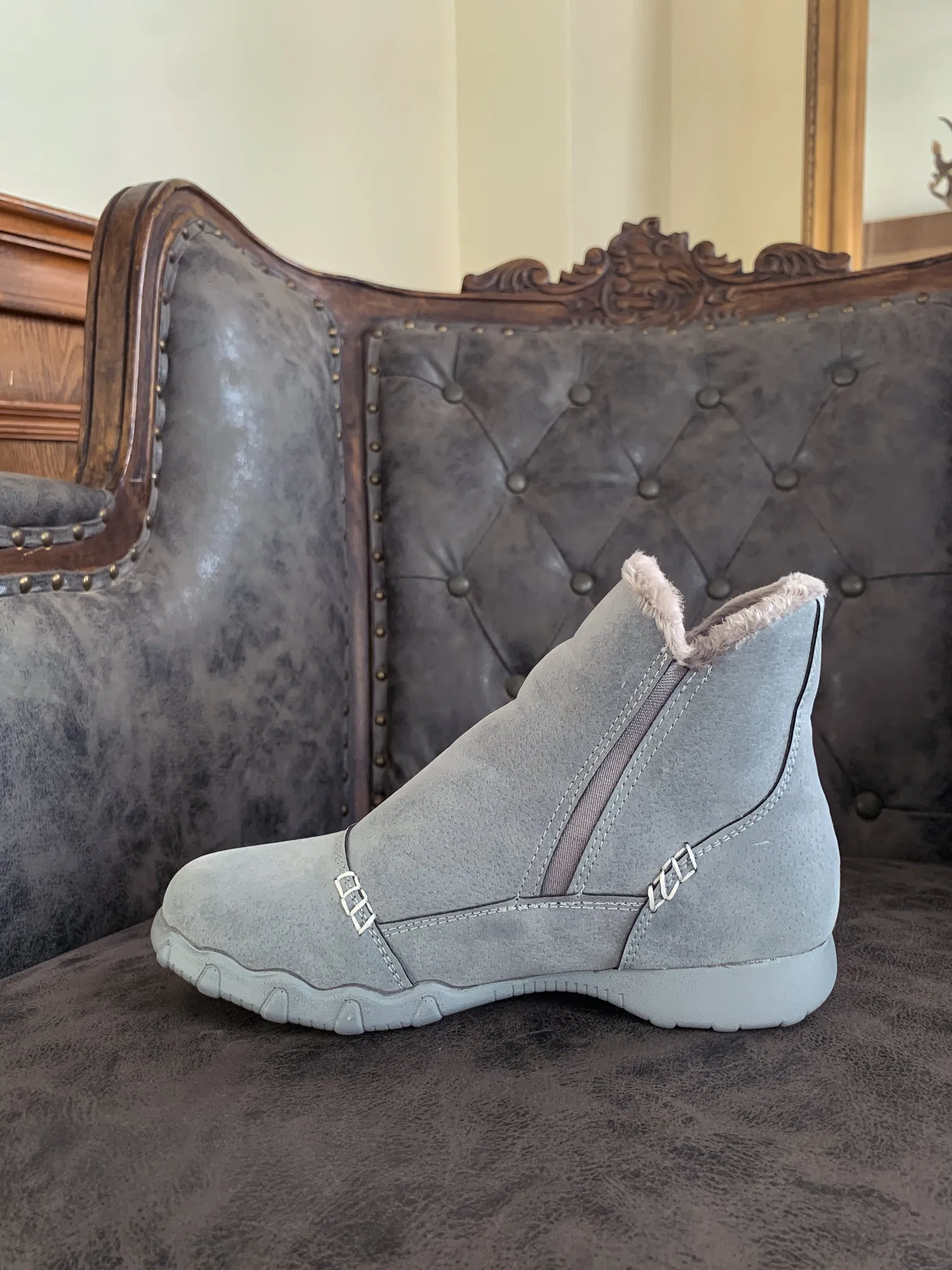 Grey Plush-Lined Low Ankle Boot