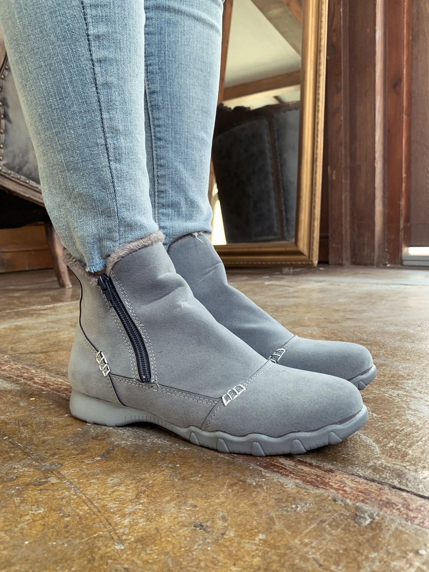 Grey Plush-Lined Low Ankle Boot
