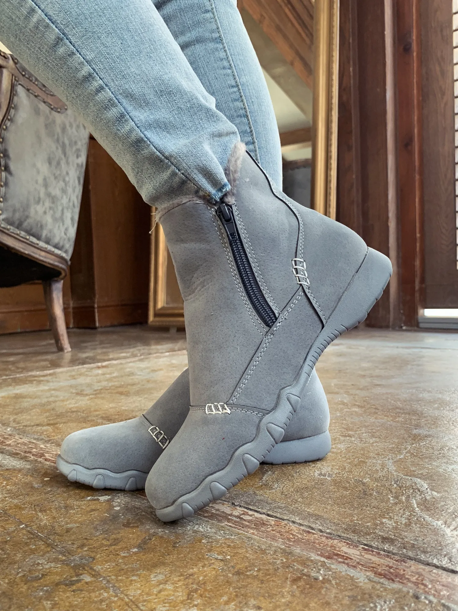 Grey Plush-Lined Low Ankle Boot