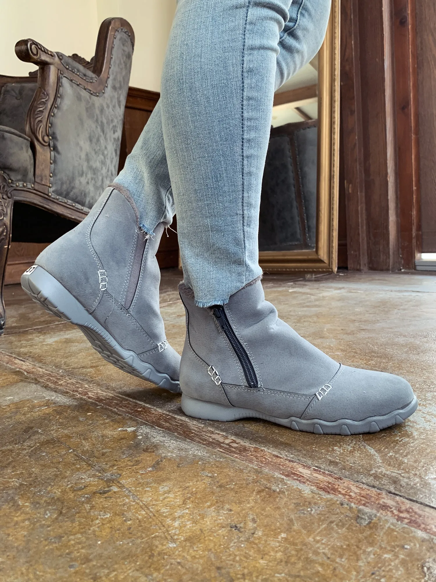 Grey Plush-Lined Low Ankle Boot