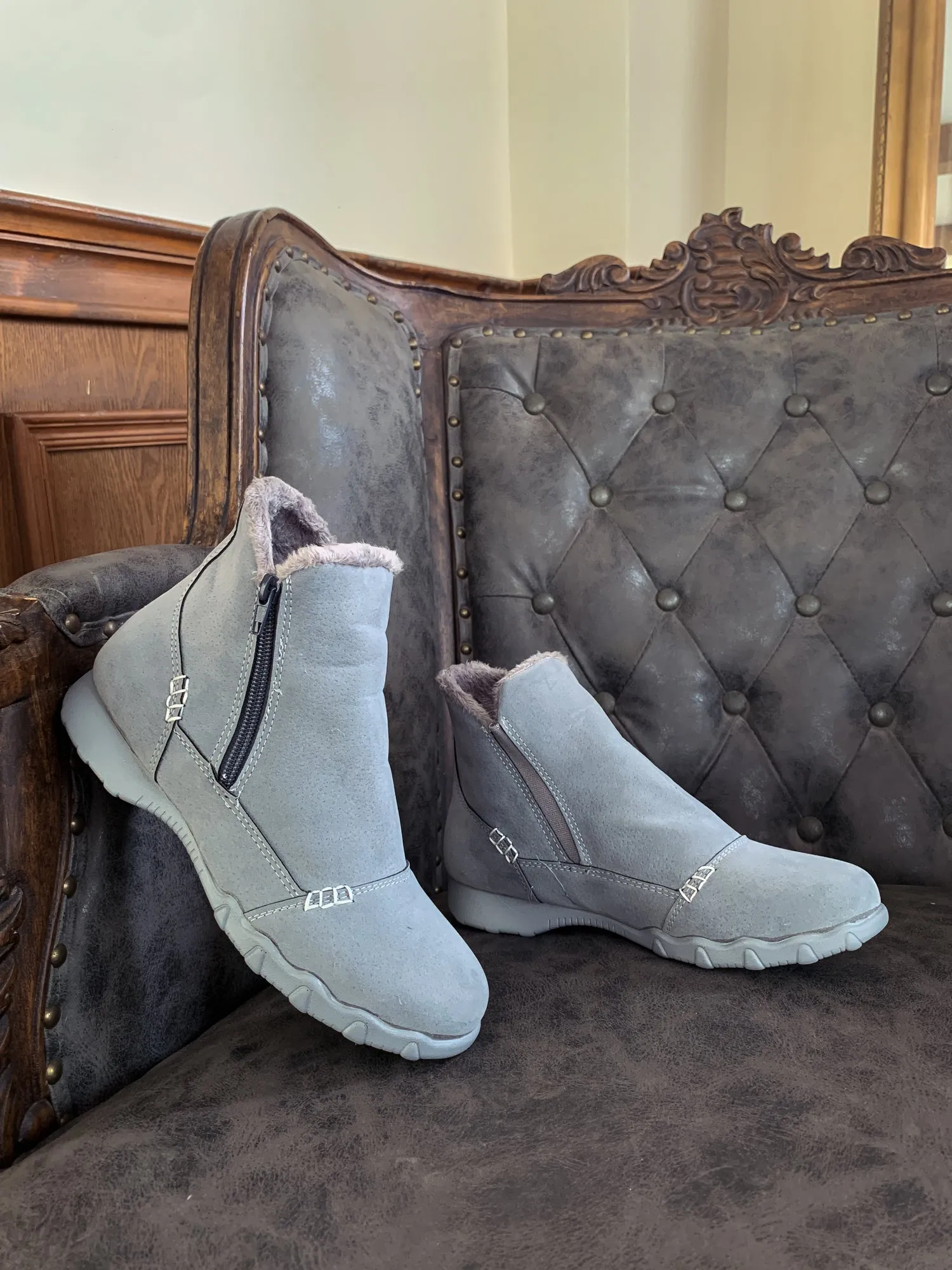 Grey Plush-Lined Low Ankle Boot
