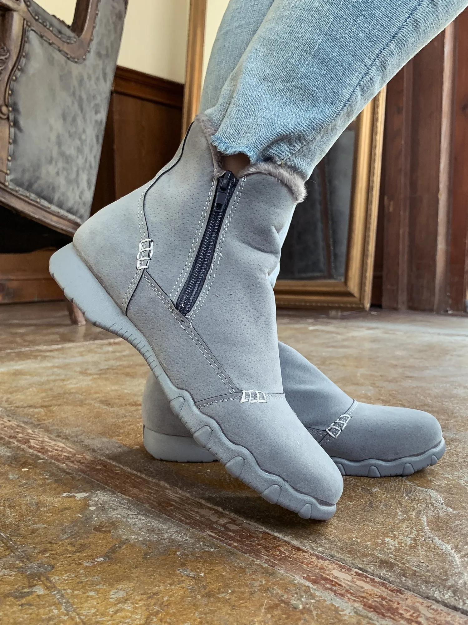 Grey Plush-Lined Low Ankle Boot