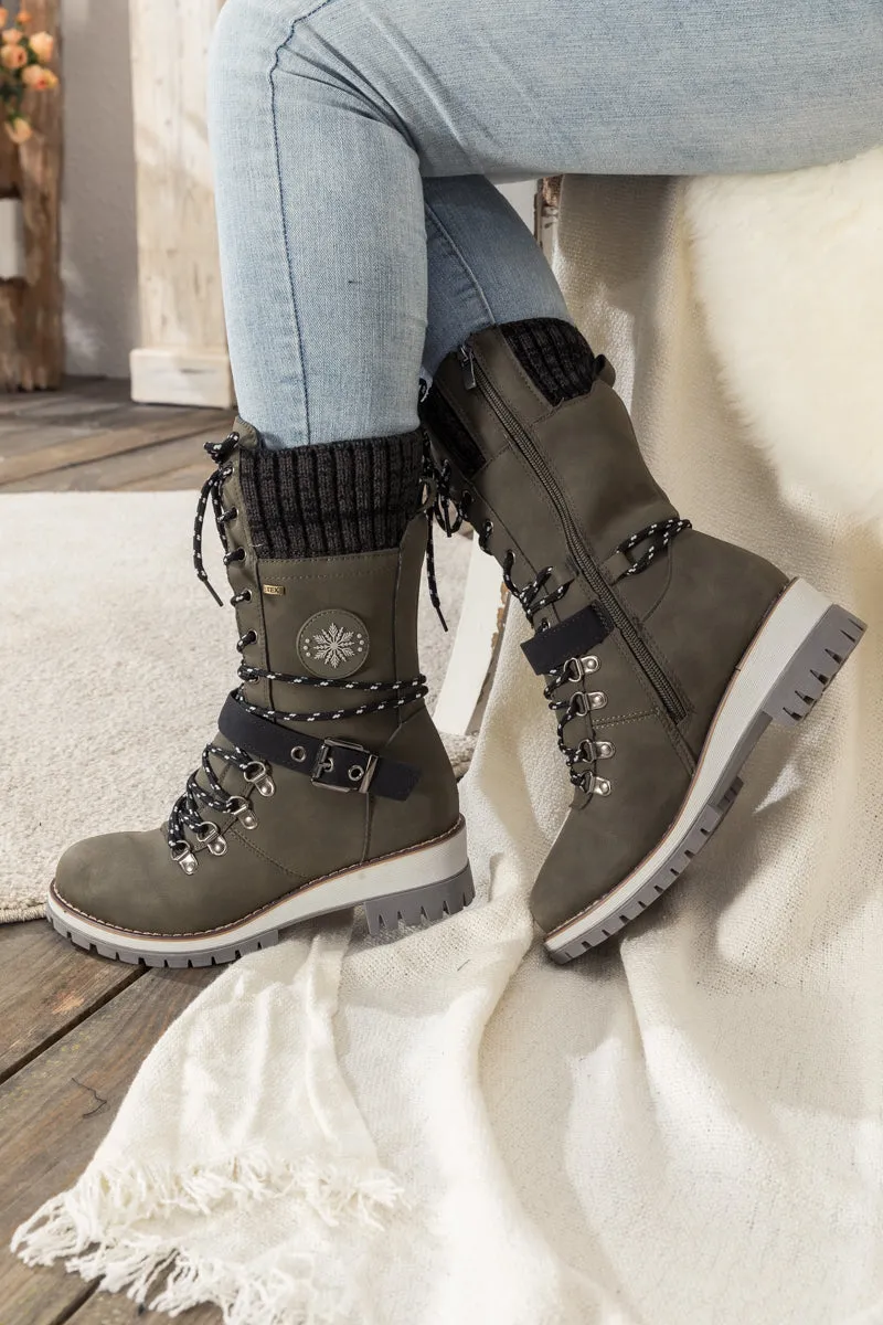 Grey Ribbed-Cuff Buckle-Strap Boot