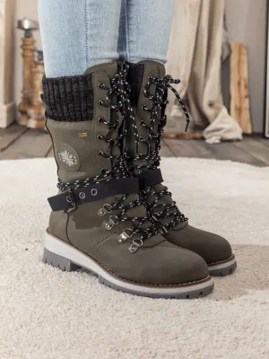 Grey Ribbed-Cuff Buckle-Strap Boot