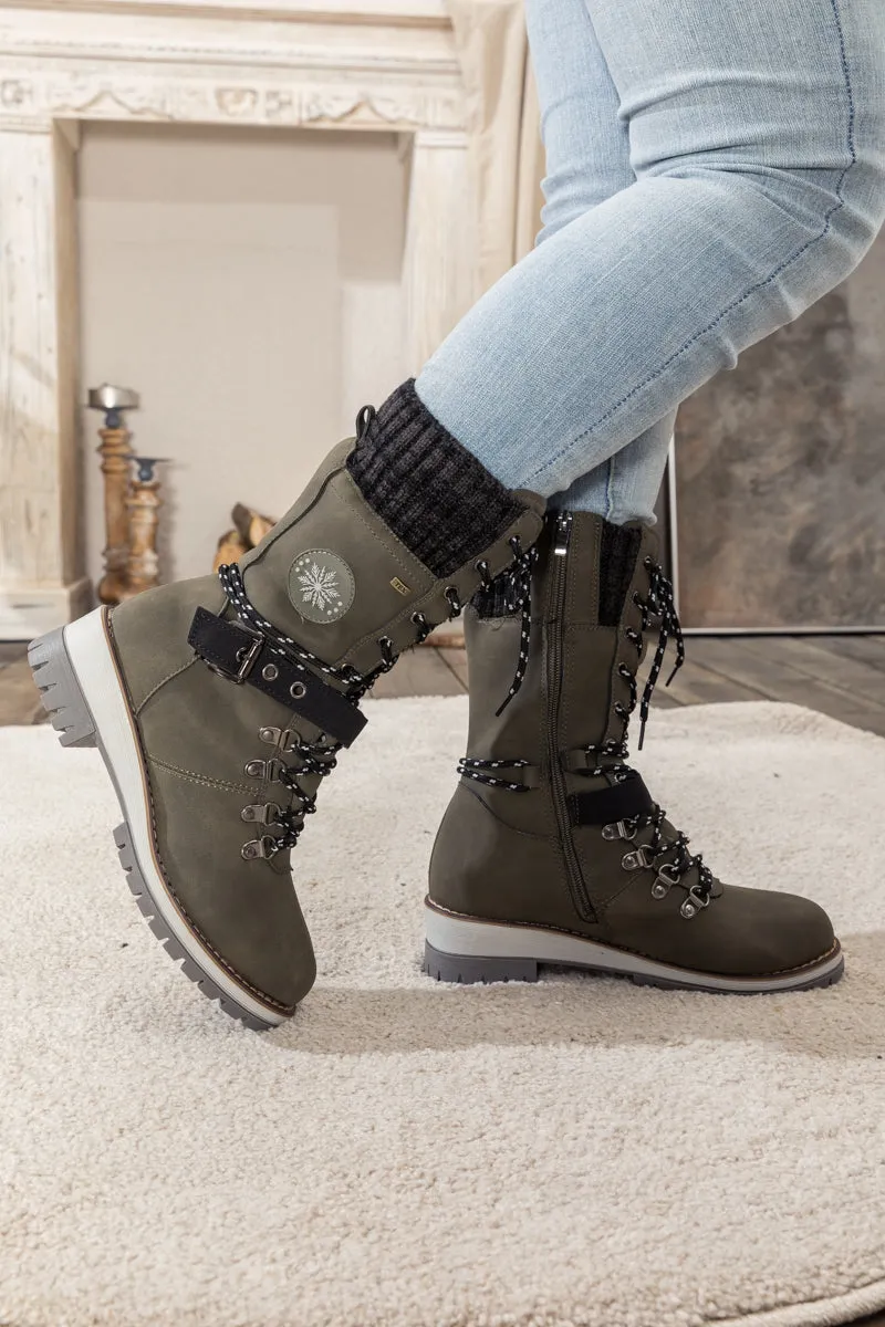 Grey Ribbed-Cuff Buckle-Strap Boot