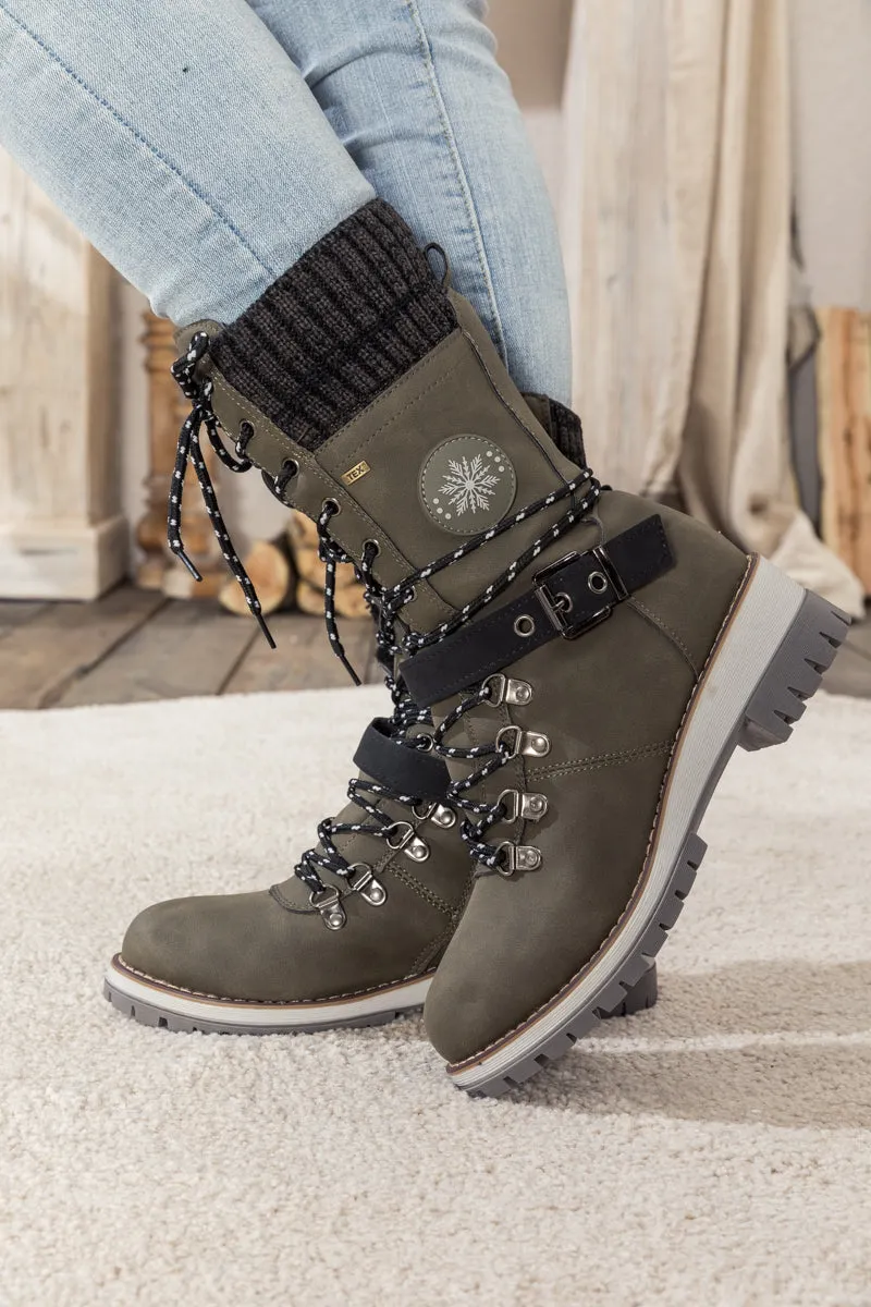 Grey Ribbed-Cuff Buckle-Strap Boot