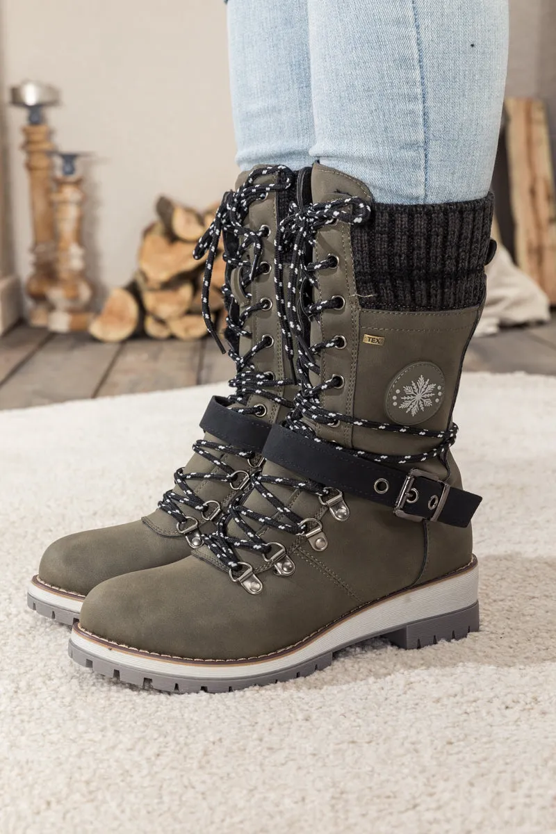 Grey Ribbed-Cuff Buckle-Strap Boot