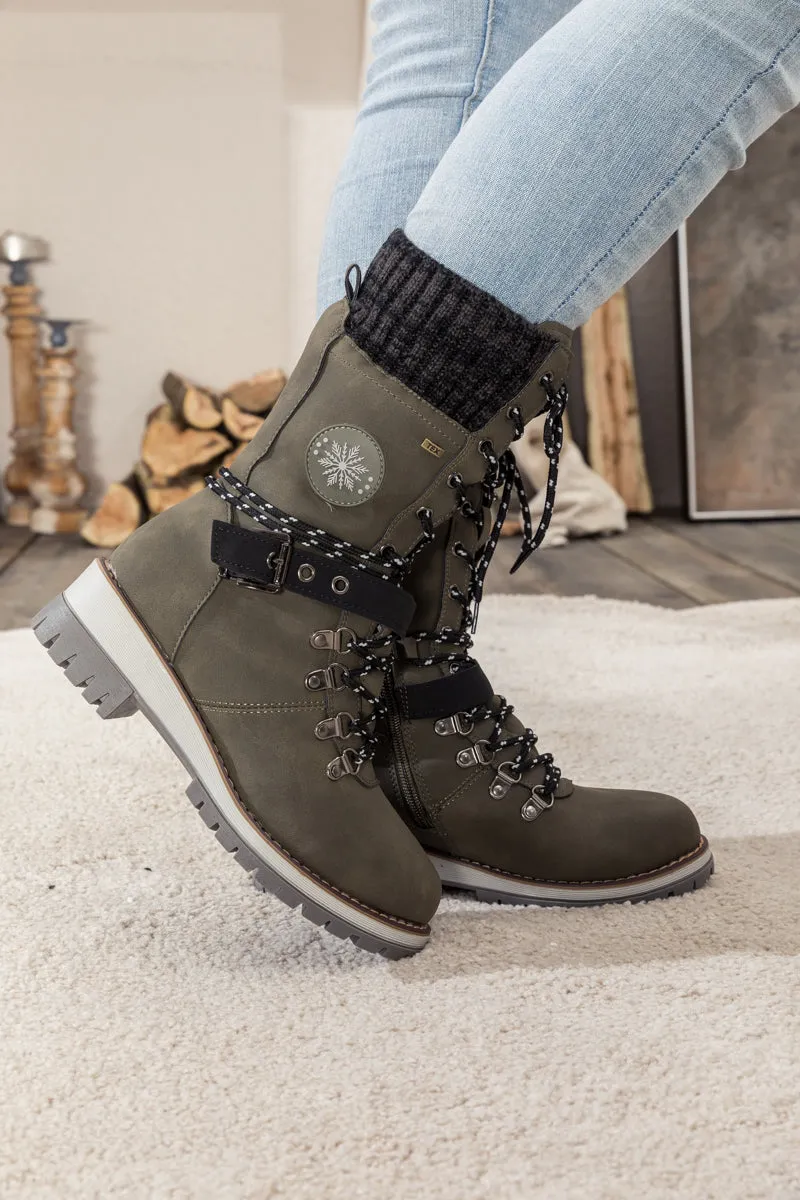 Grey Ribbed-Cuff Buckle-Strap Boot
