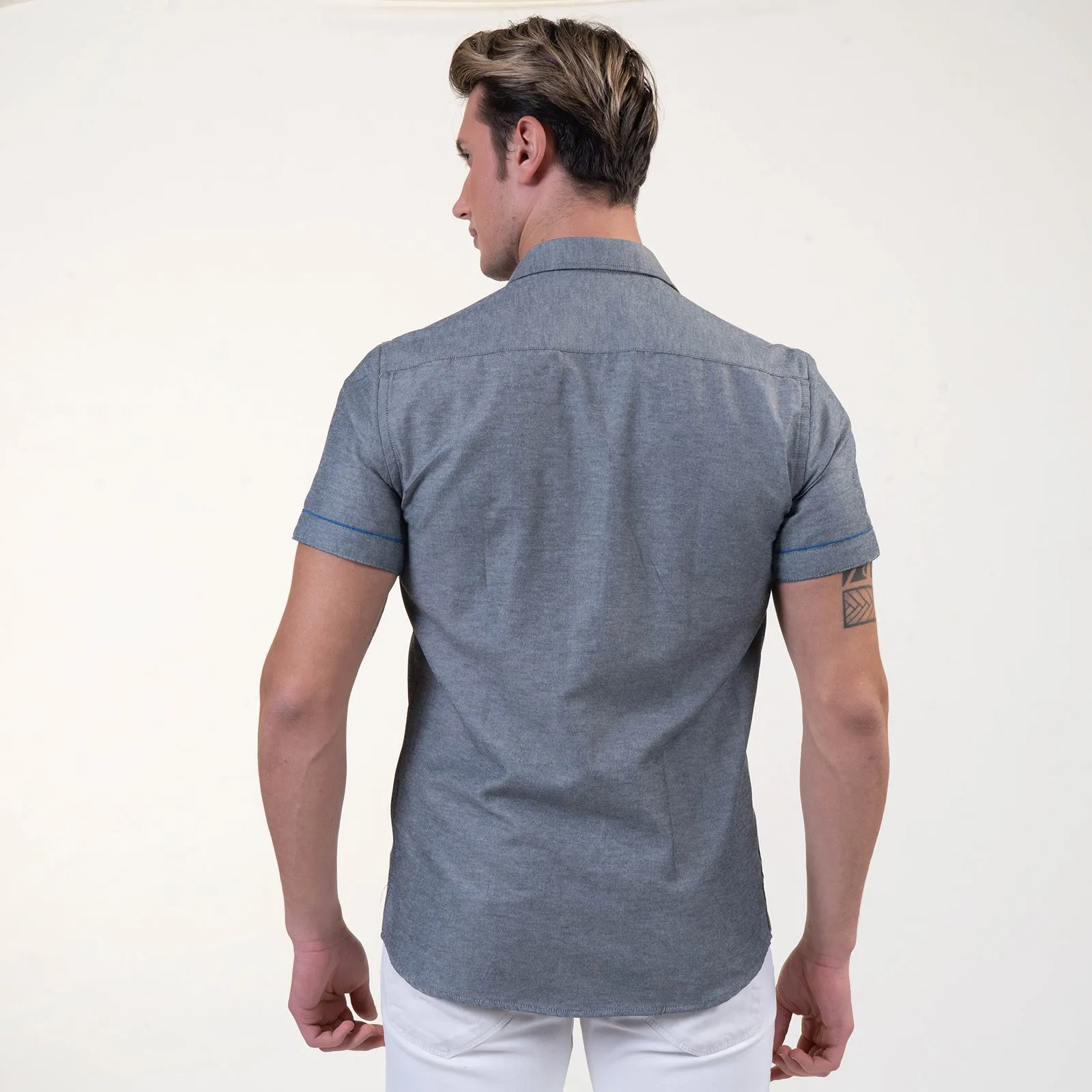 Grey With Purple Short Sleeve Button up Shirts for Men - Tailored Slim Fit Cotton Dress Shirts