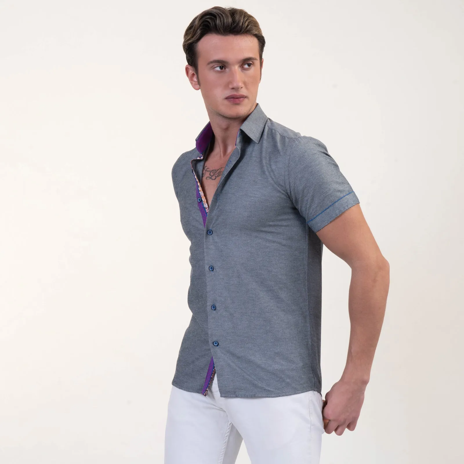 Grey With Purple Short Sleeve Button up Shirts for Men - Tailored Slim Fit Cotton Dress Shirts