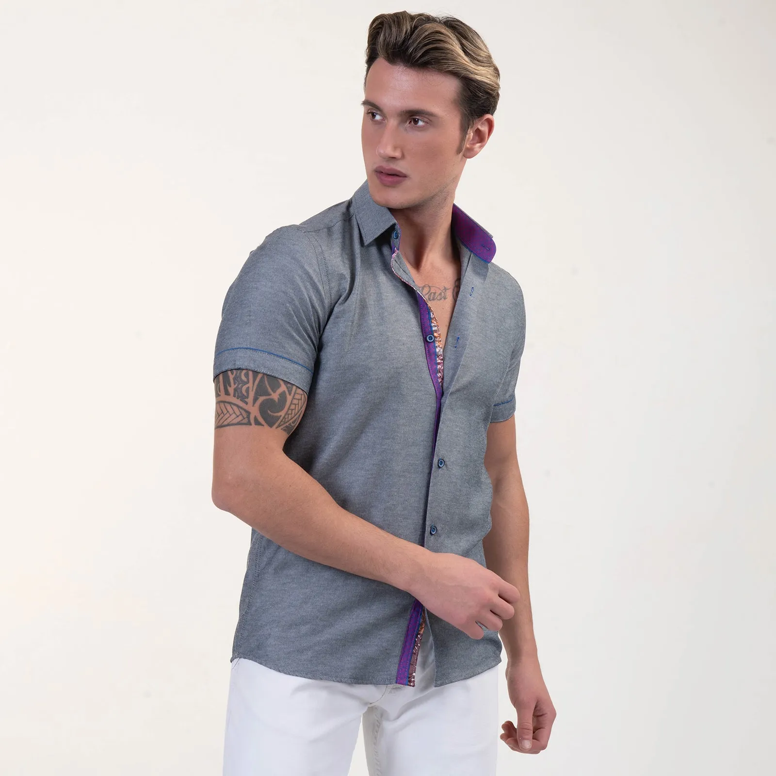Grey With Purple Short Sleeve Button up Shirts for Men - Tailored Slim Fit Cotton Dress Shirts