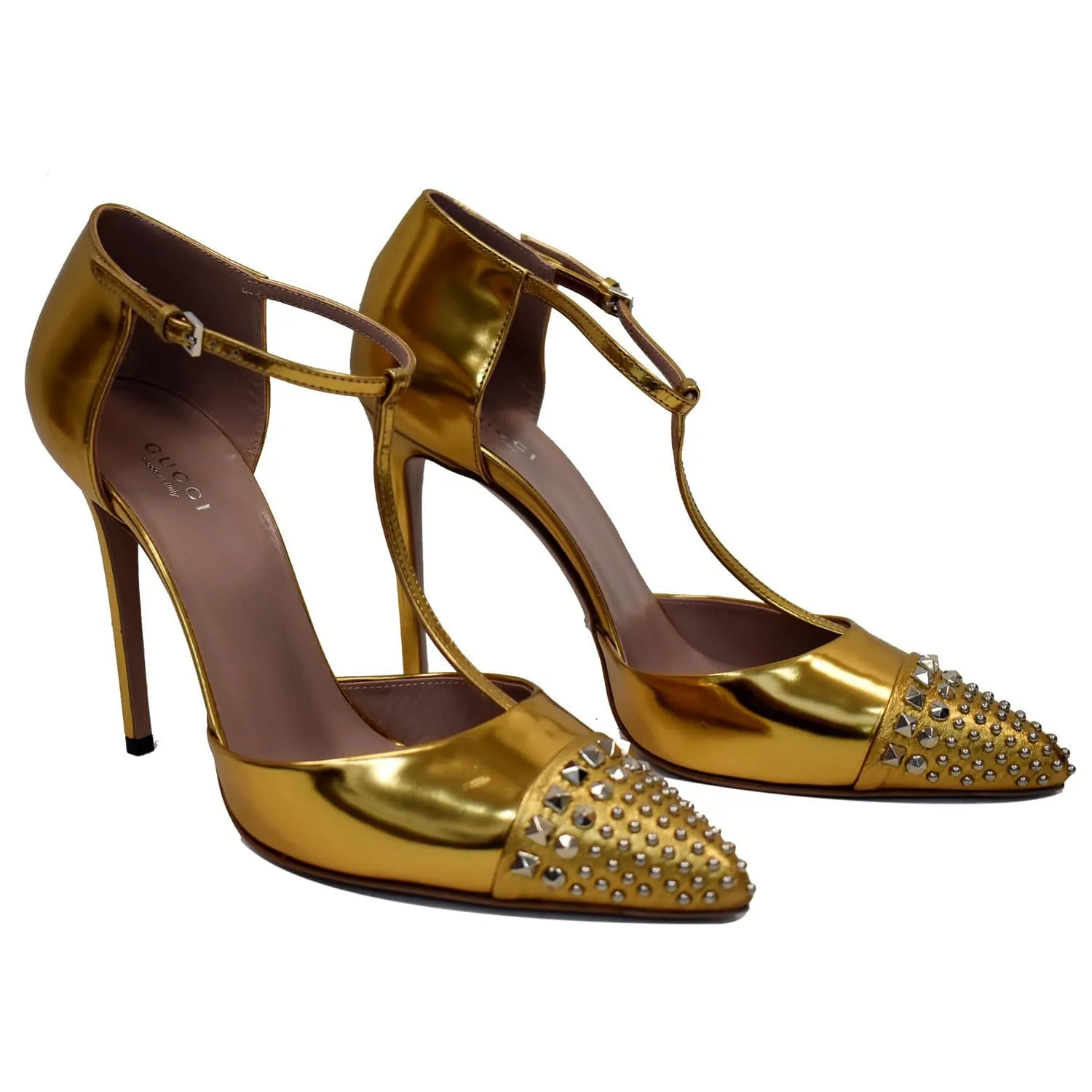 GUCCI Studded T-Strap Metallic Leather Heel Pumps Gold Size 39 1/2