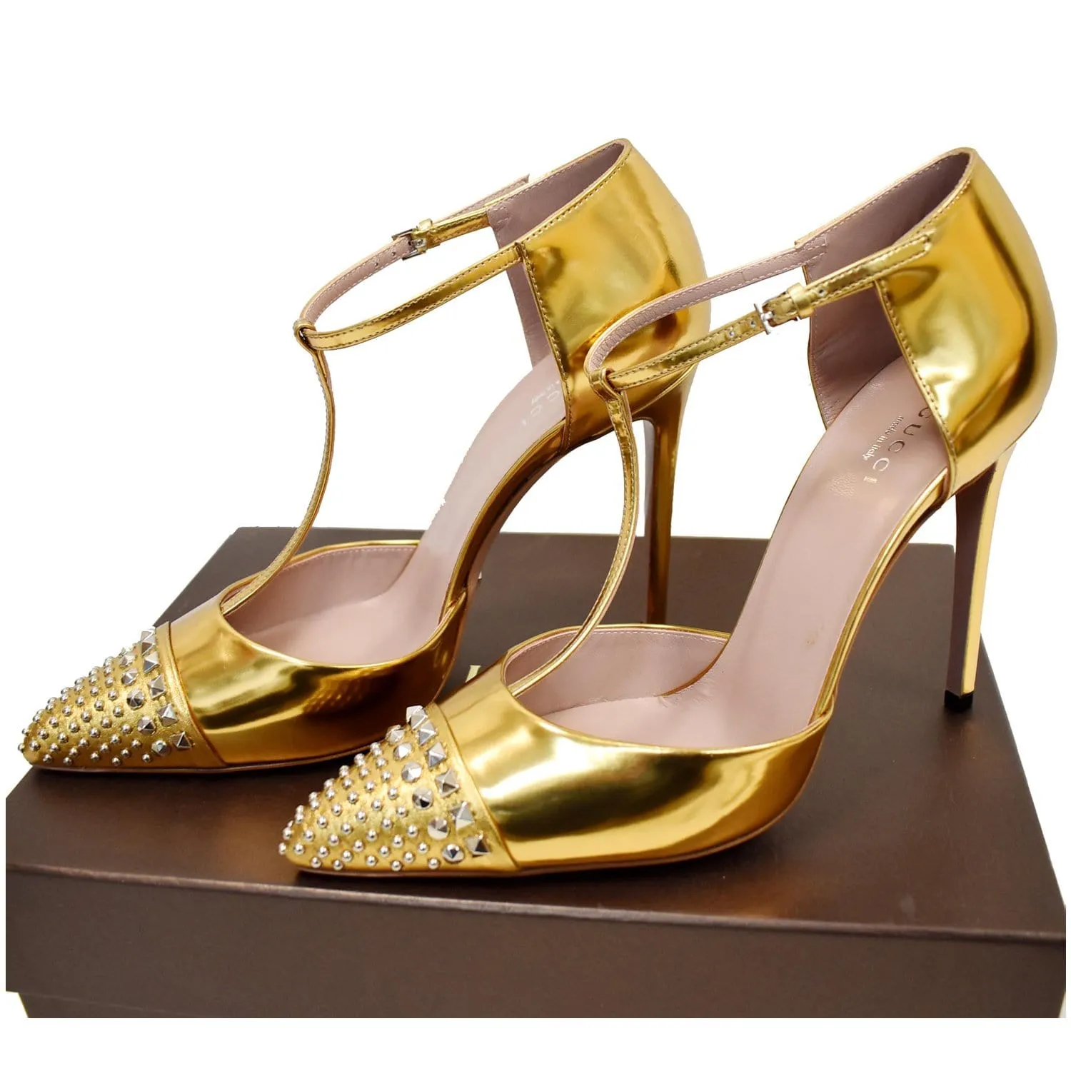 GUCCI Studded T-Strap Metallic Leather Heel Pumps Gold Size 39 1/2