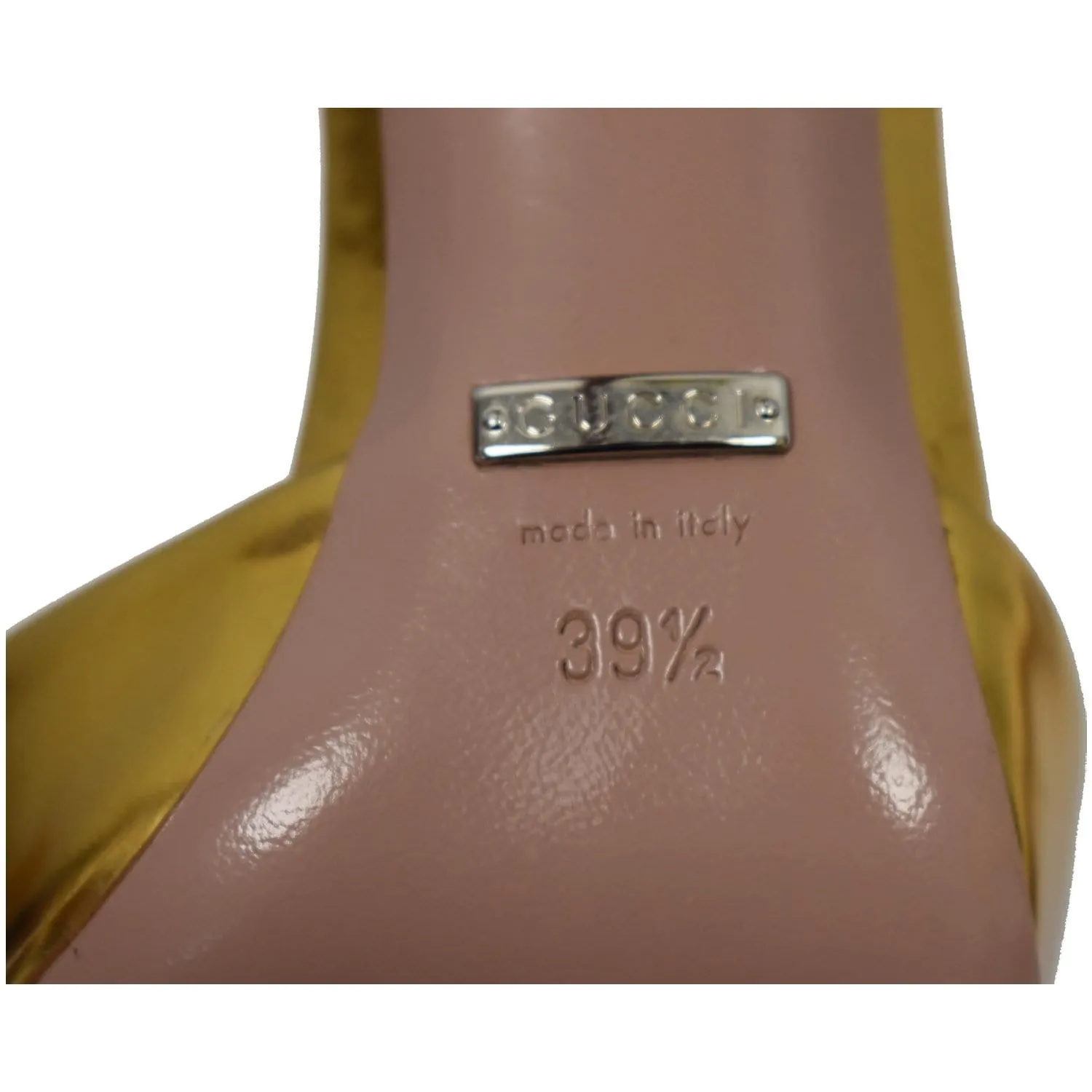 GUCCI Studded T-Strap Metallic Leather Heel Pumps Gold Size 39 1/2
