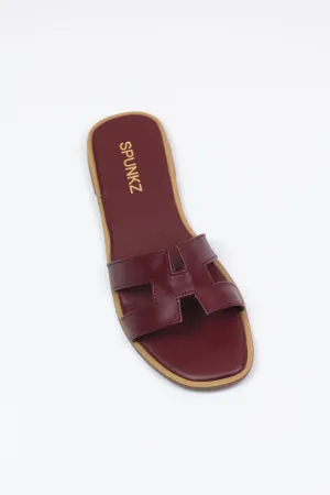 Hania Iconic H Style Oran Flat Slides in Maroon-11058