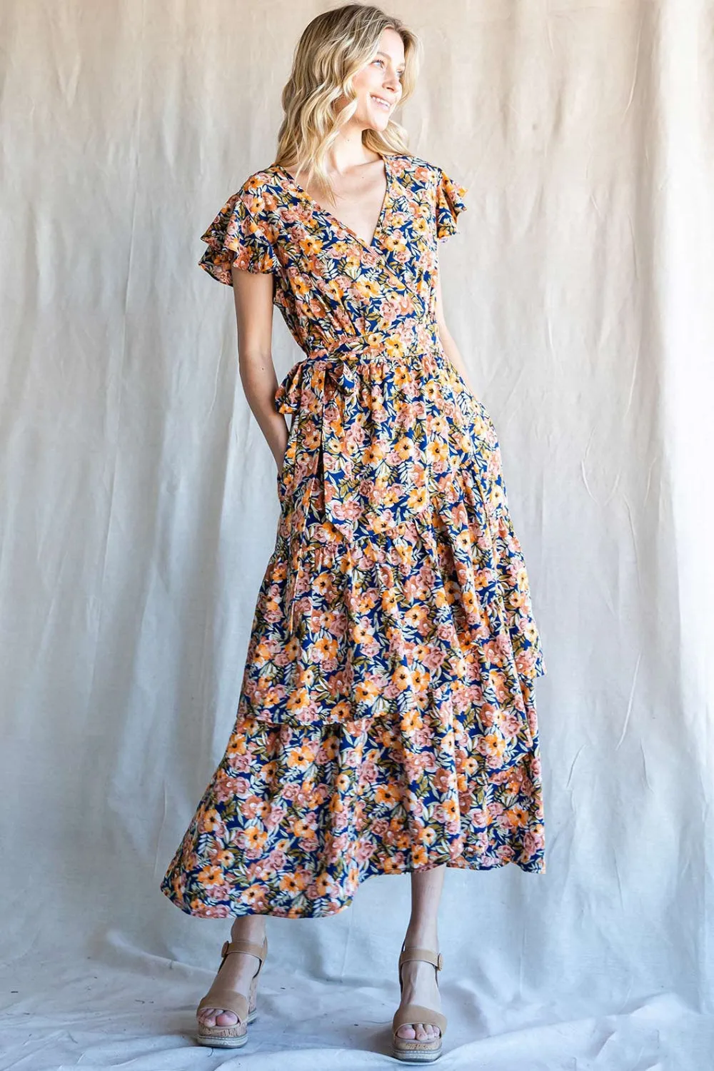 Hazel Blues® |  Cotton Bleu by Nu Label Floral Ruffled Midi Dress