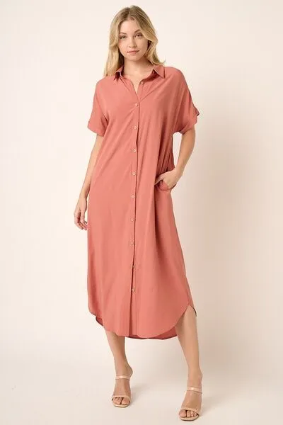 Hazel Blues® |  Mittoshop Collared Neck Dolman Short Sleeve Midi Shirt Dress