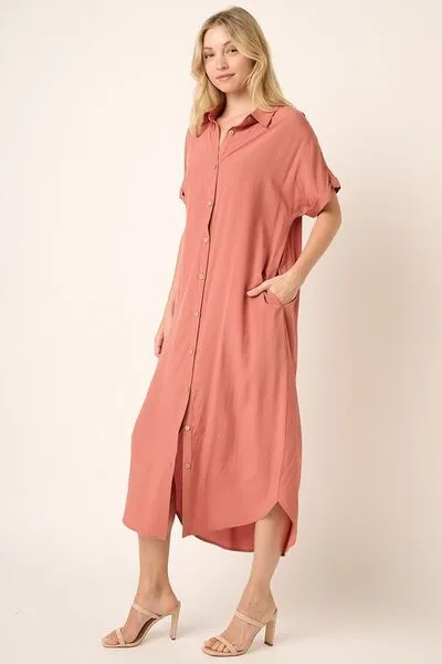 Hazel Blues® |  Mittoshop Collared Neck Dolman Short Sleeve Midi Shirt Dress