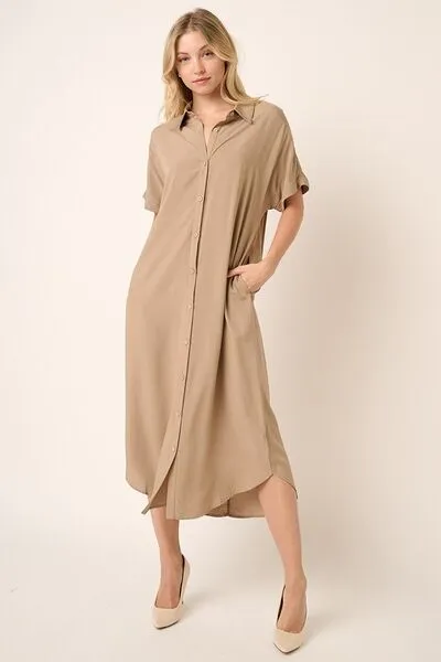 Hazel Blues® |  Mittoshop Collared Neck Dolman Short Sleeve Midi Shirt Dress