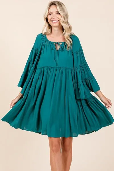 Hazel Blues® |  Mittoshop Frill Tie Neck Bell Sleeve Dress
