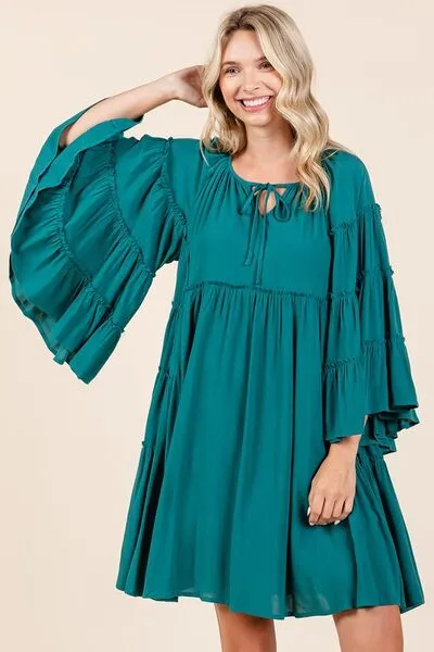 Hazel Blues® |  Mittoshop Frill Tie Neck Bell Sleeve Dress