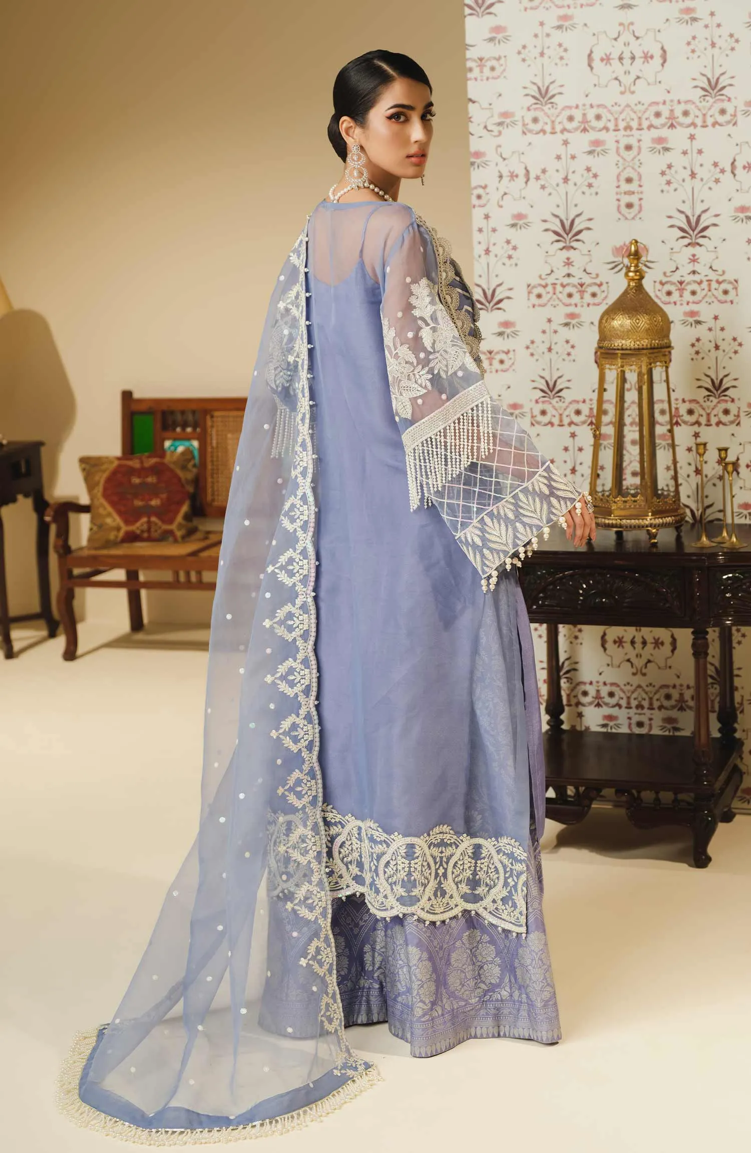 Heavily Embellished Grey Pakistani Long Kameez Sharara Wedding Dress