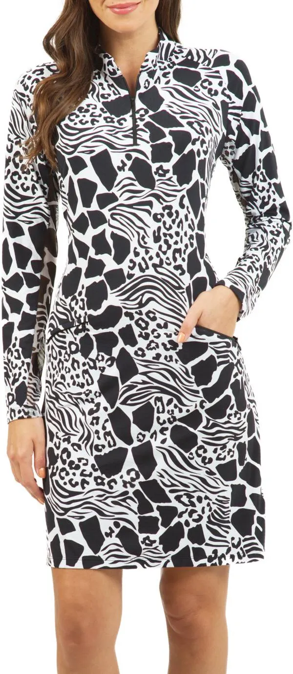 Ibkul Long Sleeve Printed Dress- BIANCA- Black/ White SPF 50