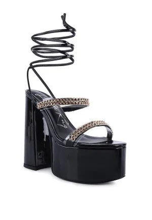 Indulgence Metal Chain Lace up Leg Platform Sandals