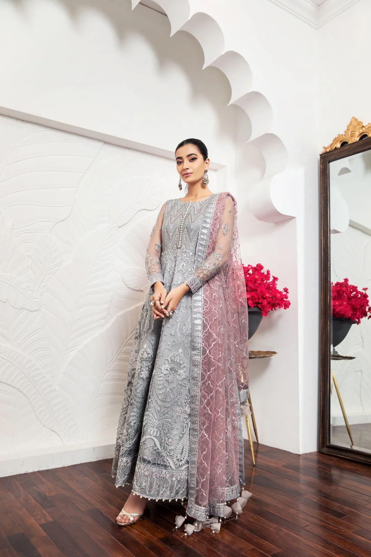 Ivory Heavily Embellished Pakistani Frock with Dupatta Party Wear