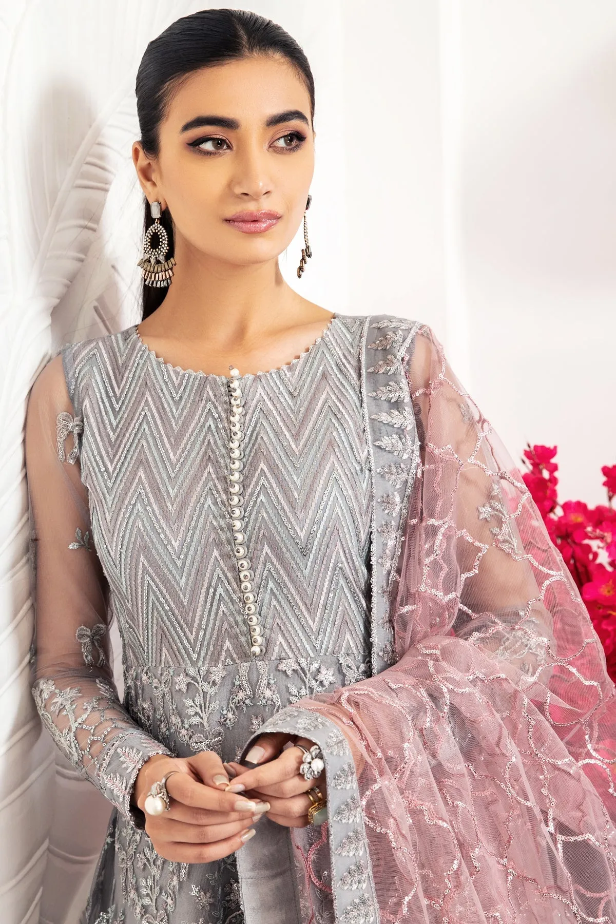Ivory Heavily Embellished Pakistani Frock with Dupatta Party Wear