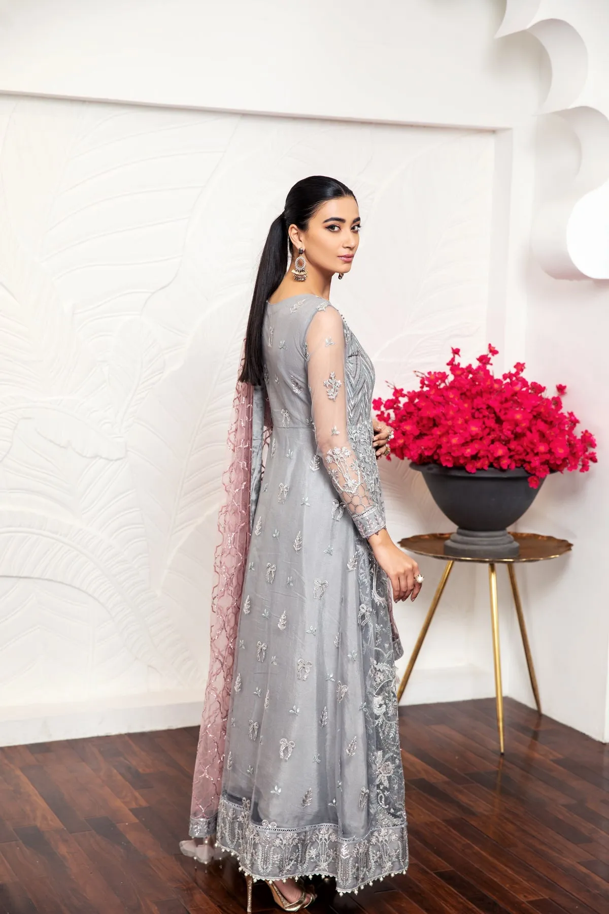Ivory Heavily Embellished Pakistani Frock with Dupatta Party Wear