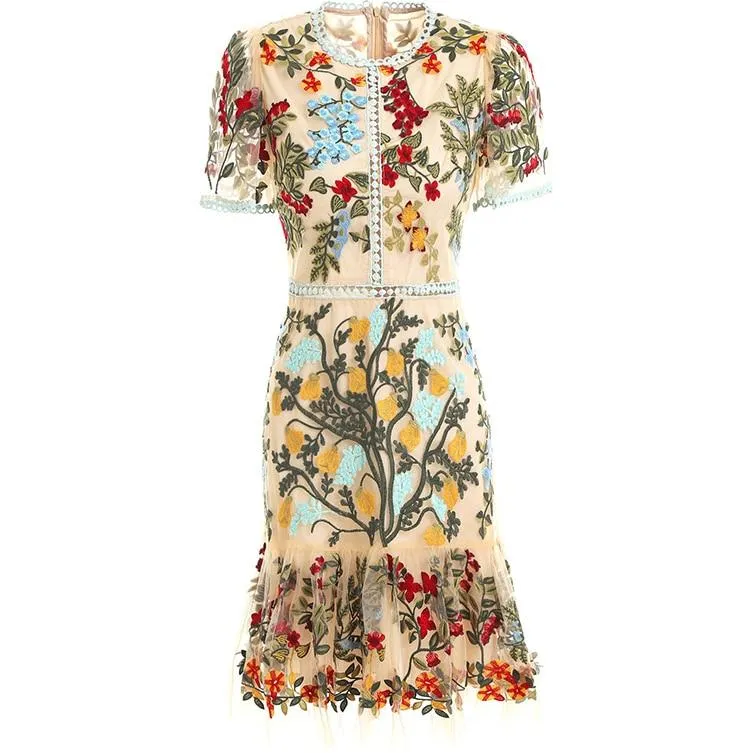 JEMIMA Flare Sleeve Floral Embroidery Midi Dress