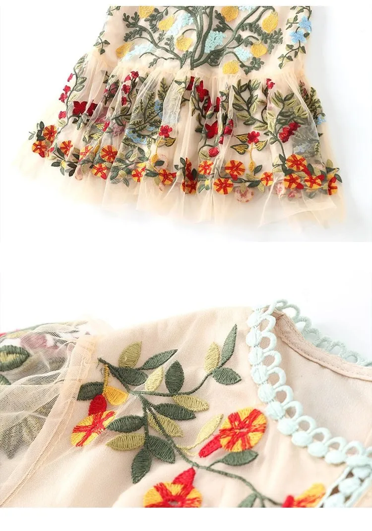 JEMIMA Flare Sleeve Floral Embroidery Midi Dress