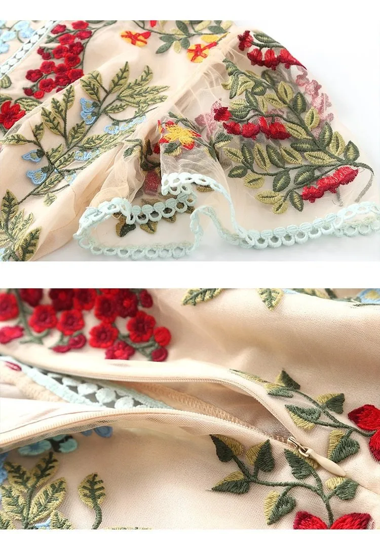 JEMIMA Flare Sleeve Floral Embroidery Midi Dress