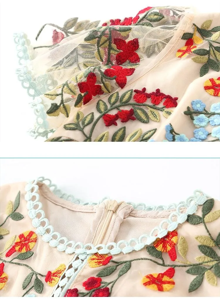 JEMIMA Flare Sleeve Floral Embroidery Midi Dress