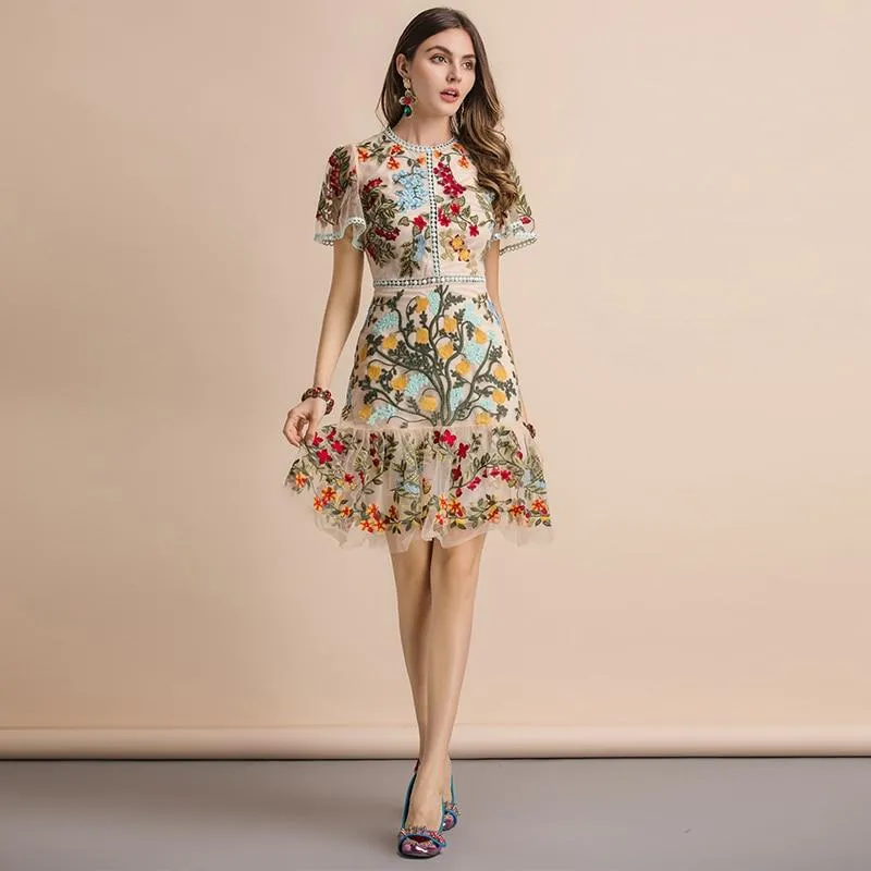 JEMIMA Flare Sleeve Floral Embroidery Midi Dress