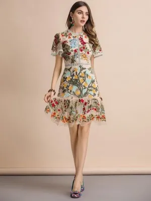 JEMIMA Flare Sleeve Floral Embroidery Midi Dress