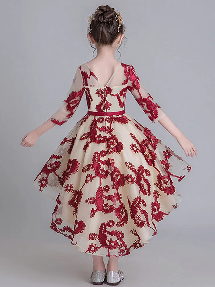 Jewel Neck Half Sleeves Embroidered Kids Social Party Dresses
