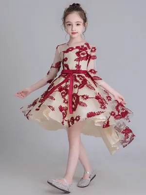 Jewel Neck Half Sleeves Embroidered Kids Social Party Dresses