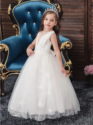 Jewel Neck Polyester Sleeveless Ankle-Length Bows Formal Kids Pageant flower girl dresses