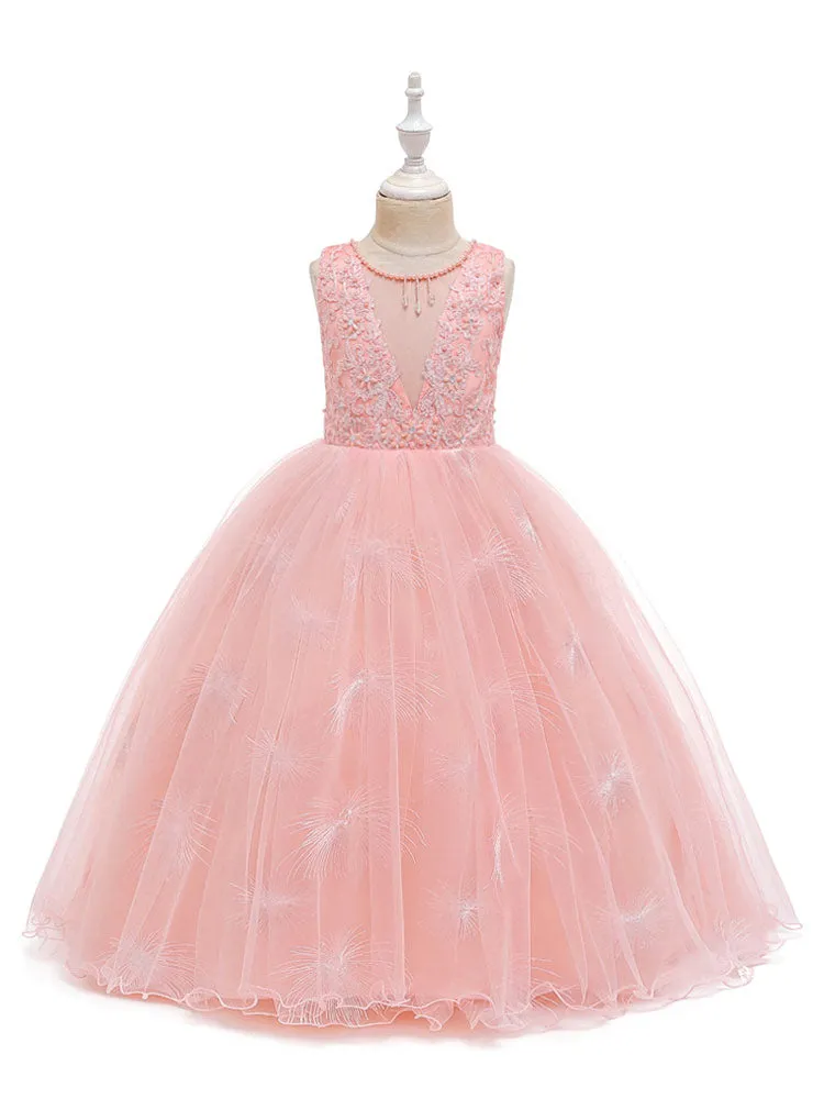 Jewel Neck Polyester Sleeveless Ankle-Length Bows Formal Kids Pageant flower girl dresses