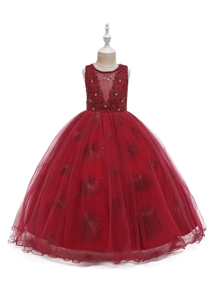 Jewel Neck Polyester Sleeveless Ankle-Length Bows Formal Kids Pageant flower girl dresses