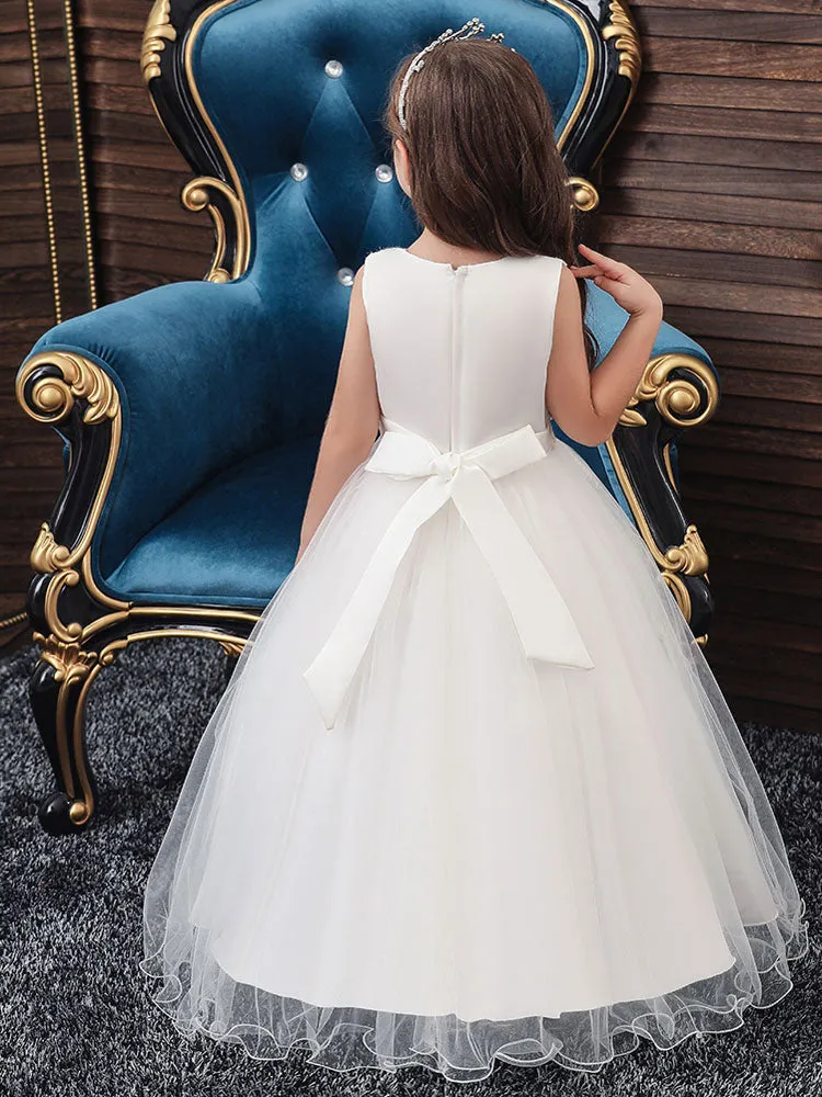 Jewel Neck Polyester Sleeveless Ankle-Length Bows Formal Kids Pageant flower girl dresses