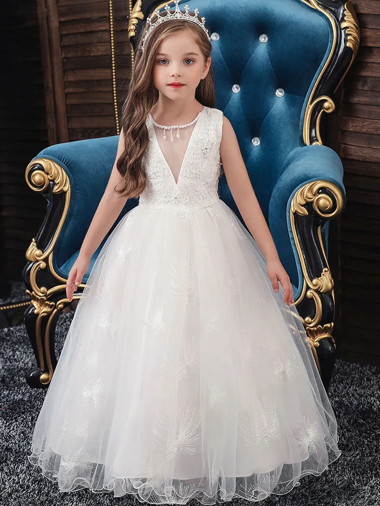 Jewel Neck Polyester Sleeveless Ankle-Length Bows Formal Kids Pageant flower girl dresses