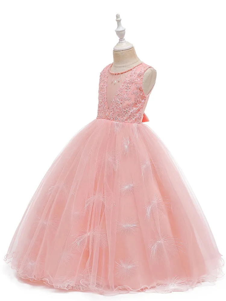 Jewel Neck Polyester Sleeveless Ankle-Length Bows Formal Kids Pageant flower girl dresses