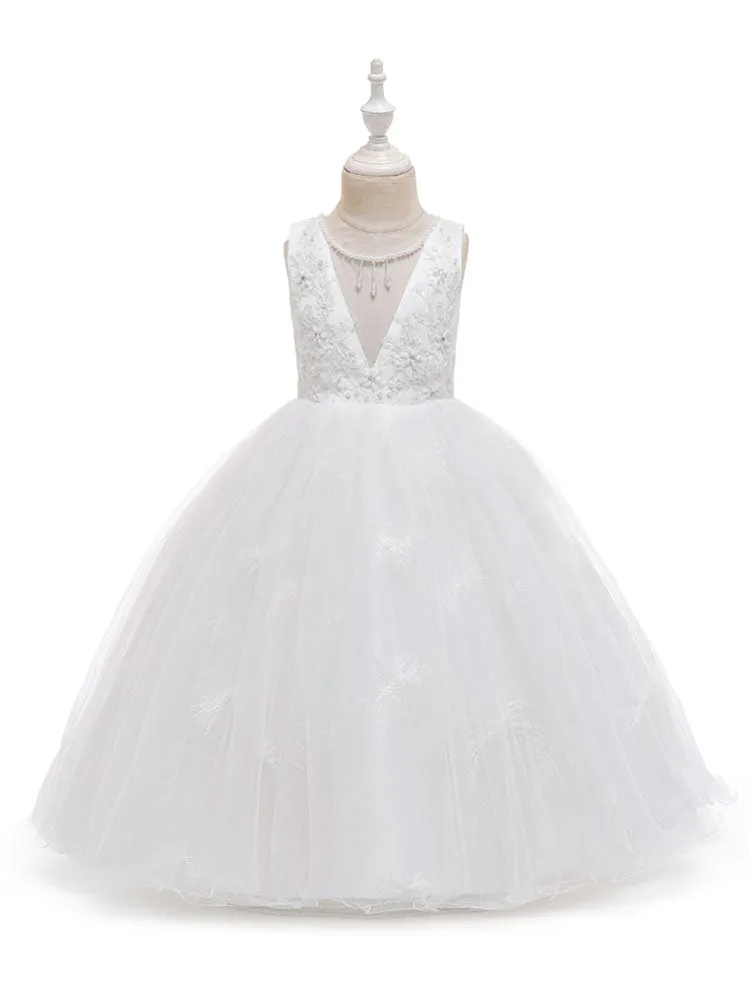 Jewel Neck Polyester Sleeveless Ankle-Length Bows Formal Kids Pageant flower girl dresses